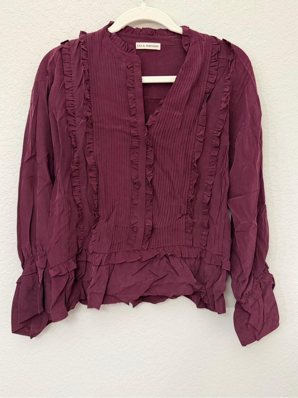Ulla Johnson Nadja Burgundy Pintuck Silk Peasant Blouse Boho Fall Women’s 6